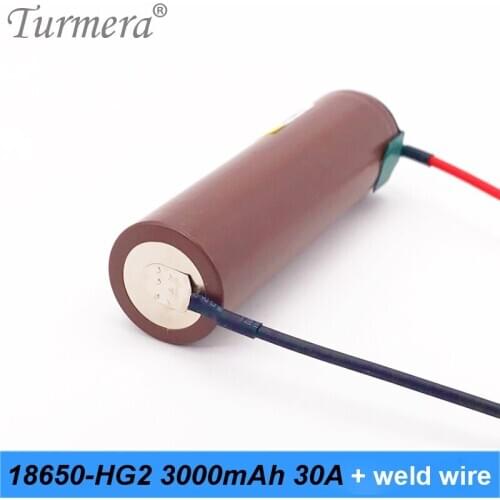 Turmera 18650 HG2 3000mah Battery 30A Soldering Wire for 12V 16.8V 21V Screwdriver Electric Tool Battery and Vacuum Cleaner Use