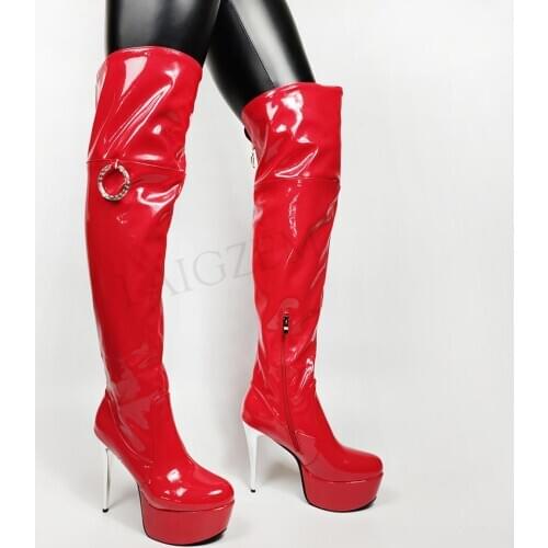 DOBANER Women Knee High Platform Boots Party Club High Heels Side Zip Boots Shiny Stivali Donna Unisex Shoes Woman Size 40 43 48