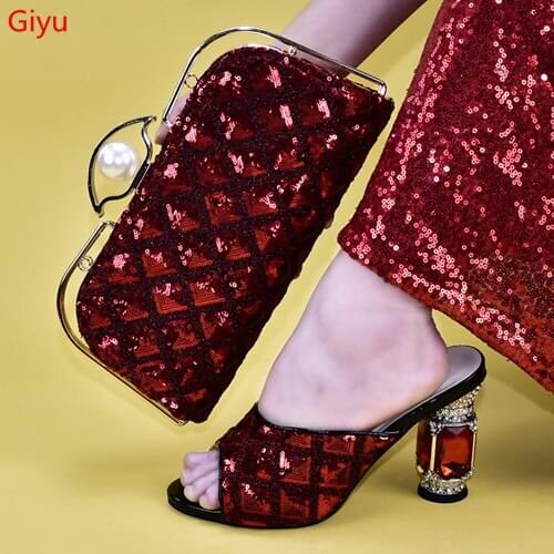 Doershow fashion Shoes and Bag Set African Sets 2019 red Color Italian Shoe Bag Set Decorated with Rhinestone! SAB1-5