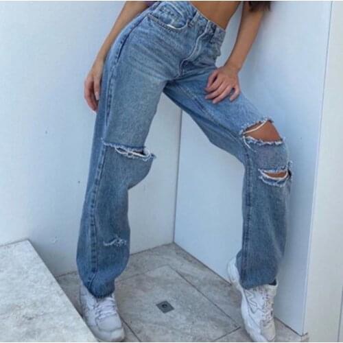 High Waist Ripped Jeans Womens Jeans Baggy Vintage High Waist Boyfriends Loose Fashion Wide Leg Jeans Lady Trousers
