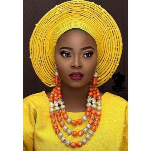 Elegant Women Nigerian Coral Beads Jewelry Set African Wedding Beads Costume Jewellery Set Party Gold Necklace Set CNR907