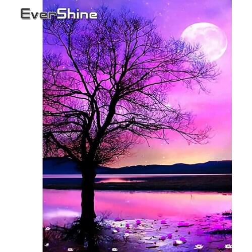 EverShine 5D Diamond Embroidery Landscape Full Drill Square Diamond Painting Moon Rhinestones Mosaic Tree DIY Wall Art