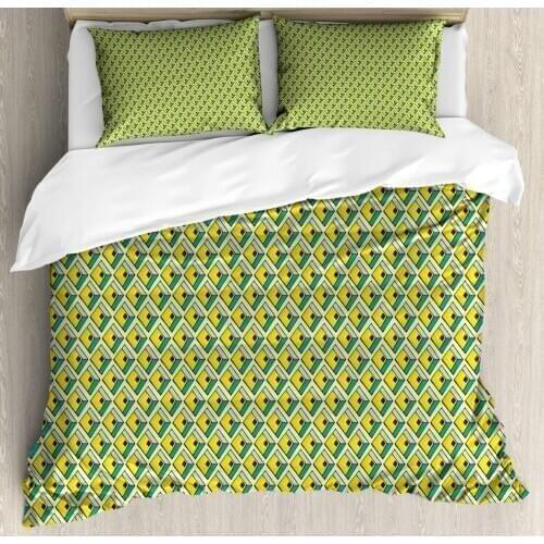 Geometric Duvet Cover Set Rhombus Tribal Inspired 3 Piece Bedding Set Yellow Seafoam Cream