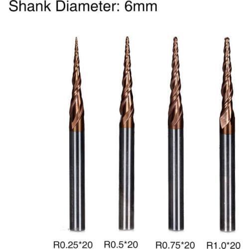 4Pcs 0.25,0.5,0.75,1.0 20L*D6 OVL50mm Tapered Ball Nose End Mill 6MM Shank 20mm Flute For Carving CNC Cut Tools 1843-1846