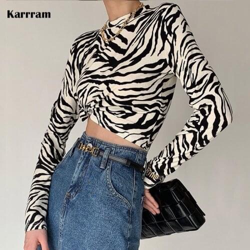 Karrram Korean Style Leopard Long Sleeve Crop Top Elegant Sexy Slim Autumn T Shirts Chic Fashion Ribbed Tee Shirts Japanese Tops