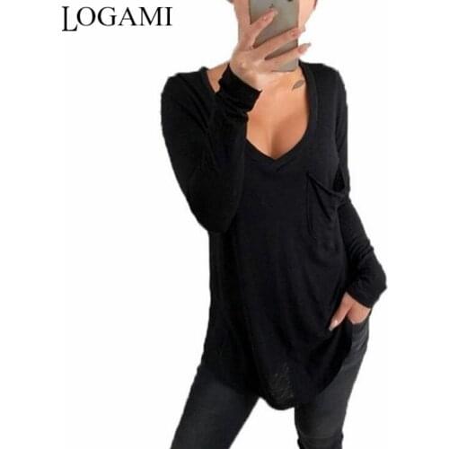 LOGAMI Long Sleeve V Neck Loose T Shirt for Women 2020 New Spring Tshirt Pocket Tshirts Tops