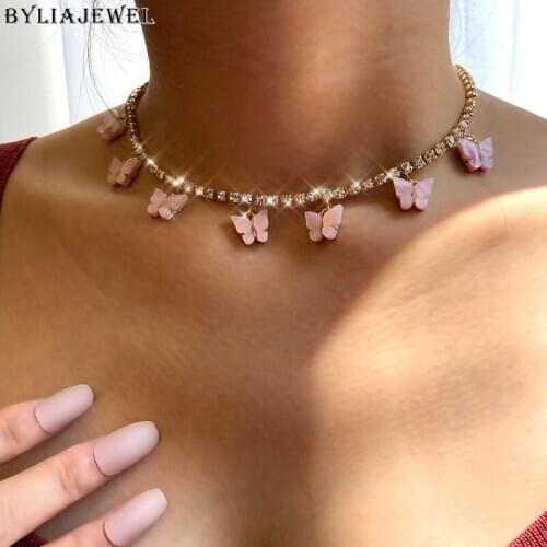 Cute Fashion 7 Butterfly Cherry Small Pendant Necklace for Women Luxury Rhinestone Tennis Chain Choker Necklace Jewelry Gift