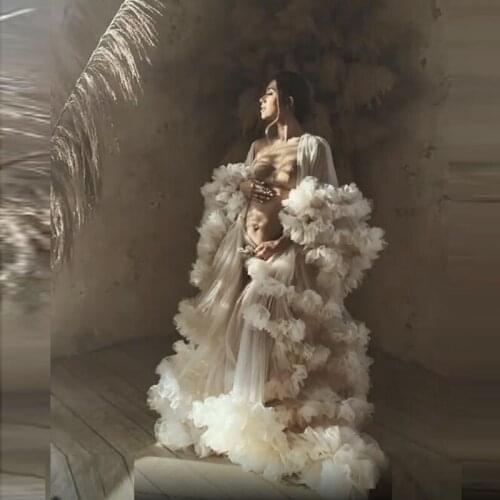 Fashion Ruffles Tulle Maternity Robe For Photo Shoot See Through vestidos longo Maternity Dress Ruffles Sleeves Tulle Dresses