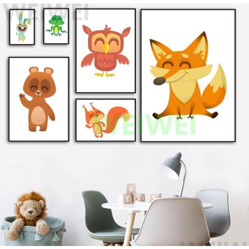 Cartoon fox bear owl rabbit frog squirrel wall art painting Nordic poster childrens room kindergarten decoration wall stickers