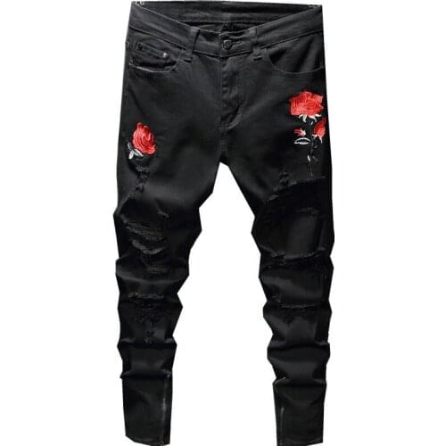 Mens Rose Embroidery Ripped Jeans Destroyed Patchwork Punk Hip Hop Fashion Stretch Cotton Skinny Denim Pants dropshipping