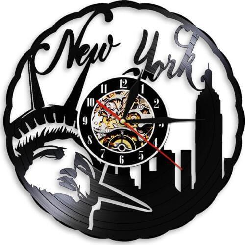 New York City Vinyl Record Wall Clock USA Statue of Liberty Vintage Travel Gift Wall Hanging Decor Watch With Color Back Light