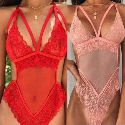 2020 New Sexy Underwear Womens Lingeries Set V-Neck Hollow Lace Bodysuit Rompers Thong Porno Erotica Set for Dating Honeymoon