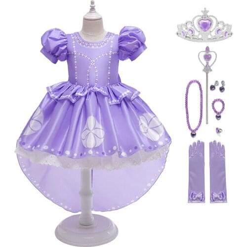 VOGUEON New Princess Dress Girls Halloween Party Dress Up Sofia Costume Kid Puff Sleeve Bow-knot Children Clothing Sofia Vestido