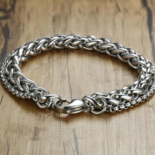 New Arrive Men Boy Jewelry Silver Stainless Steel Wheat & Box Chain Two Rows Bracelet Hip Hop Jewelry