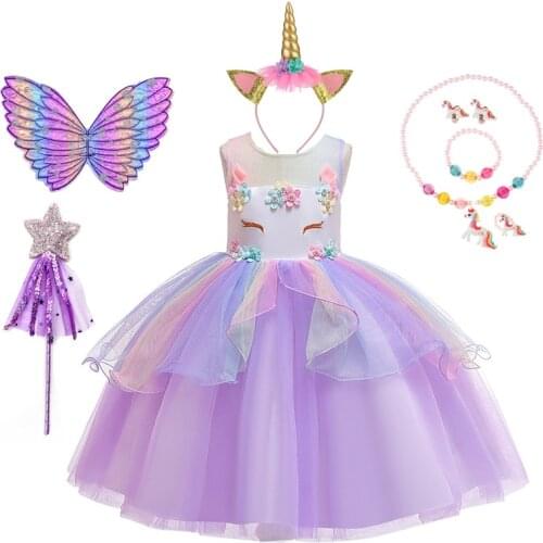 Girls Unicorn Costume with Hair Band Wings Suit Kids Baby Flowers Rainbow Tutu Birthday Party Princess Cosplay Dress