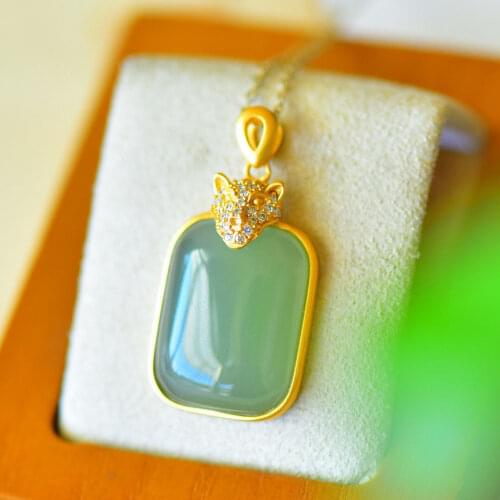 S925 Sterling Silver Inlaid Natural Pale Blue Hetian Jade Leopard Head Pendant Domineering Leopard Head Design Gray Jade Necklac