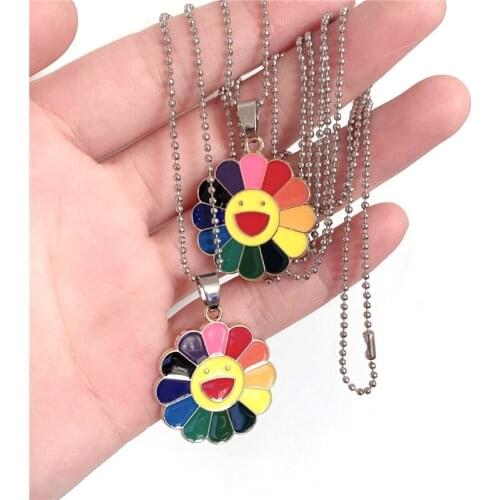 Fashion Alloy Classic Pendant Necklace Simple Hip Hop Sun Flower Sunflower Colorful Petal Rainbow Necklace Lady Party Gift