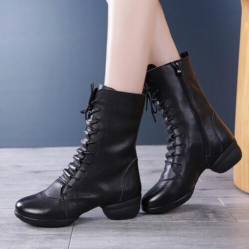 Profession Dancing Shoes Female 7718 Genuine Leather Sailor Dance Boots Adult Even Bottom Mid Heel High Upper Square Dance Shoes