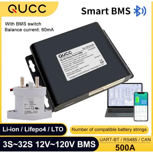 Qucc Relay Smart BMS 4S 500A 7S 8S 10S 13S 14S 16S 20S 32S lifepo4 bms with BT UART 485 CAN for 3.7V 3.2V Lithium Battery Pack