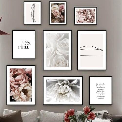 Garden Plant White Rose Peony Pink Flower Wall Art Canvas Painting Nordic Posters And Prints Wall Pictures For Living Room Decor