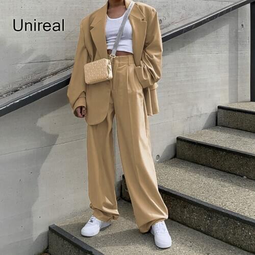 Unireal 2021 Streetwear Blazer Pants High Waist Women Wide Leg Pants Fashion Lady Suit Trousers