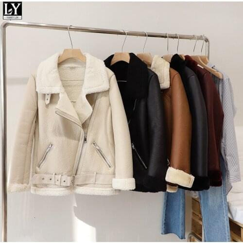 LY VAREY LIN Winter Women Thick Faux Leather Fur Sheepskin Warm Locomotive Outwear Fur Leather Jacket Faux Lamb Leather Coat