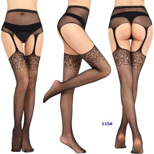 Women Black Stockings With Belt Set High Fishnet Tights Erotic Lingerie Sexy Pantyhose Floral Print Long Mesh Lace Stocking