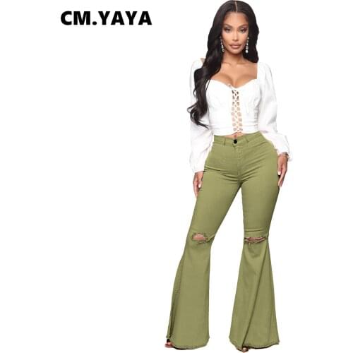 CM.YAYA Women Jeans Solid Ripped Hole Mid Waist Zip Pockets Long Flare Denim Pants Sexy Fashion High Streetwear Summer Trousers