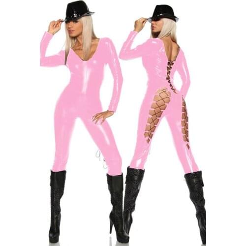 Lady Sexy PVC Hollow Out Faux Leather Latex Jumpsuit Erotic Lingerie PU Bodysuit Night Club party bar Dance Leather jumpsuit