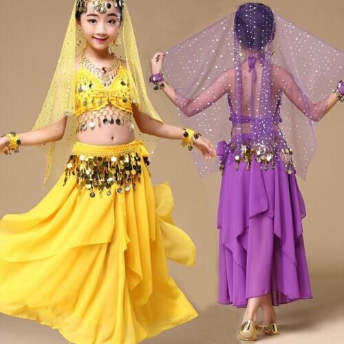 4PCS/Set Girls Indian Belly Dance Costumes Child Halloween Costume Kids Gypsy Egyptian Performance Show Party Outfits Chiffon