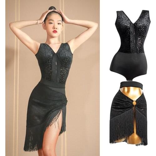 New Latin Dance Costume Leopard V-Neck Tops Women Latin Dance Skirt Tassel Dance Practice Clothing Samba Tango Dancewear VDB3555