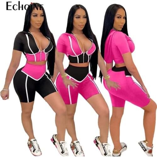 Echoine Women Tracksuit Hoodies Zip Coat Biker Shorts Sweat Suits Patchwork Two Piece set summer Outfit Party Club Matching Sets