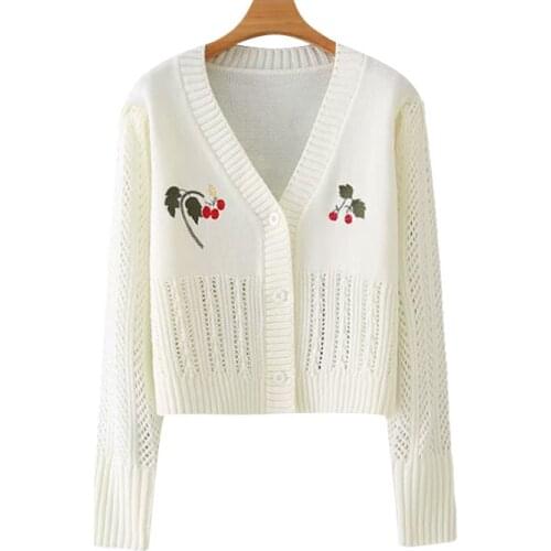 Klacwaya Women 2020 Fashion Floral Embroidery Cropped Cardigan Sweater Vintage V Neck Hollow Out Female Outerwear Chic Tops