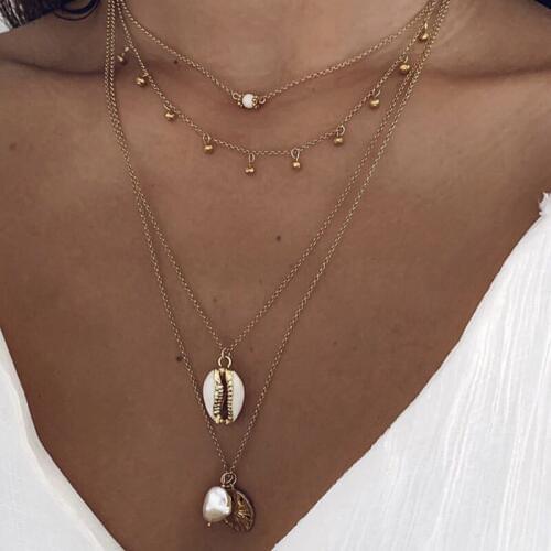 4 Pcs/Set Women Necklace Bohemian Retro Shell Pearl Irregular Disc Pendant Multilayer Gold Necklace Beach Party Jewelry