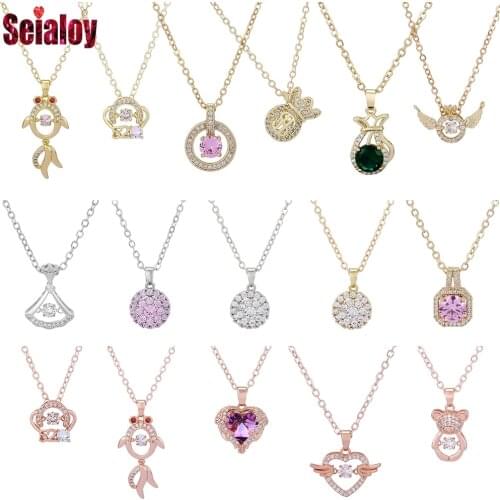 Seialoy Rose Gold High Quality Zircon Pendant Necklace Heart Wings Charm Necklace For Women Original Fine Collar Birthday Gift