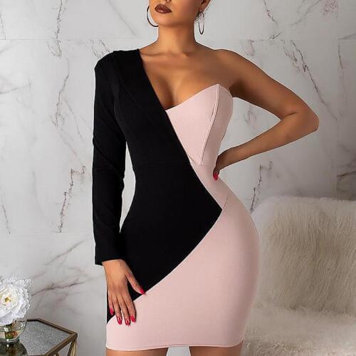 One Shoulder Two Tone Insert Bodycon Dress Sexy Office Look Women Dress vestidos verano 2019