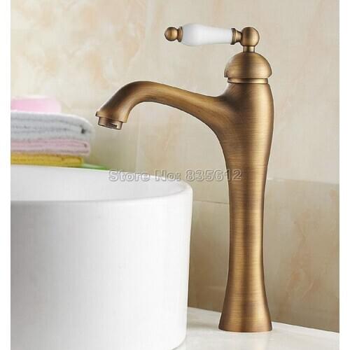 Antique Brass Concise Style Ceramic Handle Bathroom Faucet / Single Hole Deck Mounted Vessel Sink Mixer Taps Wnf104