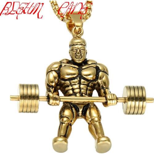 Strong Man Stainless Steel Pendant Necklace Personalized Sport Dumbbell Weight Lifting Charm Gym Jewelry Necklace