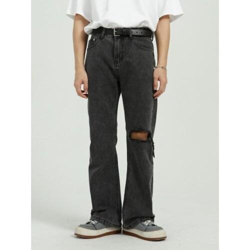 Black Ripped Jeans Mens Clothing Spring Korean Loose Man Straight Wide Leg Jeans Washed Trendy Patchwork Jeans Streetwear Denim