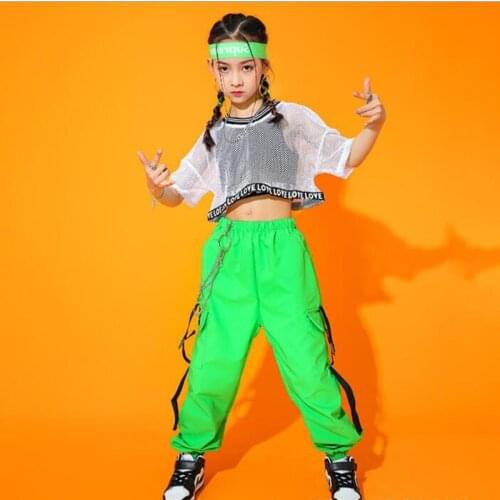 Kids Concert Outfits Hip Hop Clothing Net Crop Tank Tops Cargo Pants For Girls Ballroom Street Dance Costume Clothes Wear