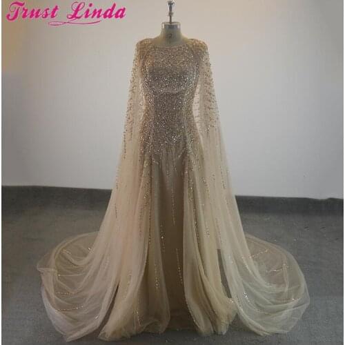 Elegant Formal Evening Dresses Crytal Beading SeaTulle Cape Prom Party Gowns Evening Wear Dress