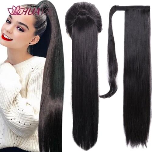 HUAYA Long Straight Ponytail Hair Synthetic Extensions Black Wrap Around Pony Hairpiece Heat Resistant Hair