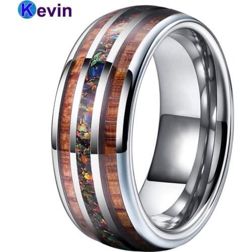 8MM Opal Ring Tungsten Carbide Ring Wedding Engagement Ring For Women Men With Opal Wood Inlay Comfort Fit