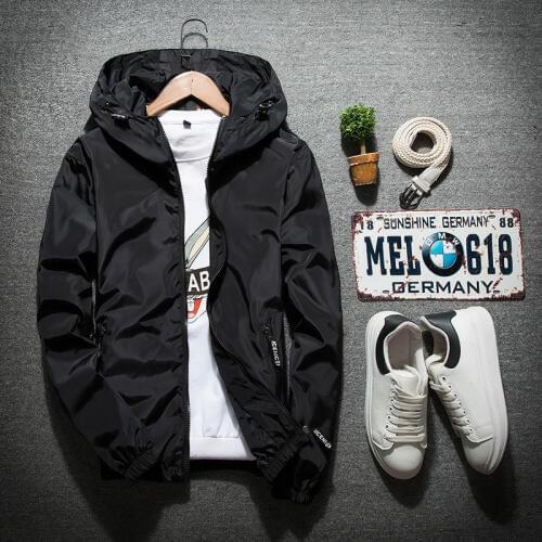 New spring and autumn bomber hooded jacket mens casual fit solid color windbreaker jacket mens outer zipper thin coat