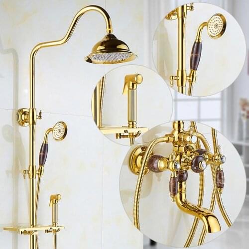 Brass and Jade Shower Faucet Luxury Brass Rain Shower Set Wall Mount Gold Bathroom Faucet With Slide Bar Bathtub Faucet bidet