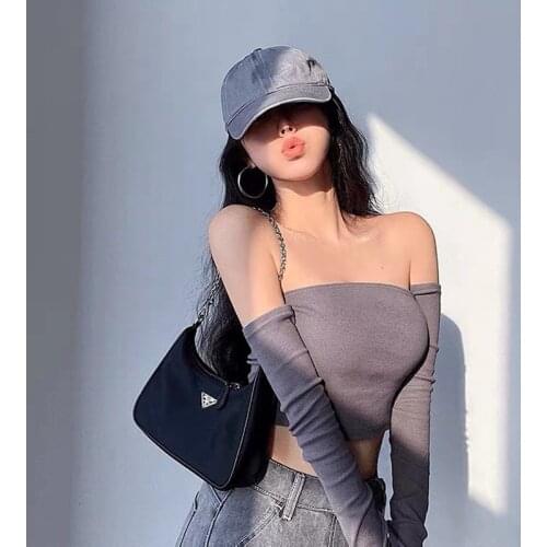 Summer Bandeau Top Long Sleeve Y2k Trendy Ribbed Knit Strapless Sexy Crop Top Slash Neck T Shirt Tube Off The Shoulder Top