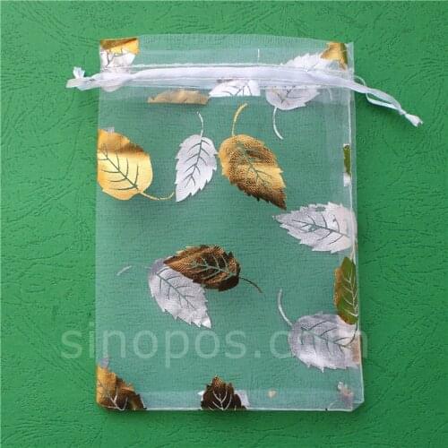 Leaf Pattern Bronzing Drawstring Organza Bag, drawable leaves yarn fabric gift pouch cosmetics jewelries candy wedding pocket