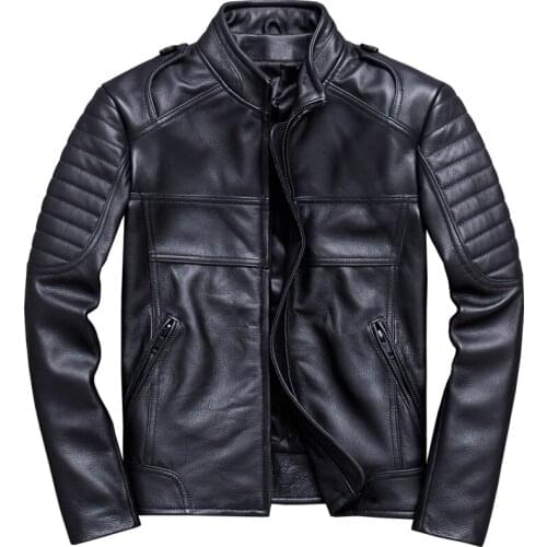 Mens Genuine Leather Jacket Top Layer Cowhide Mens Motorcycle Leather Jacket Youth Stand-Up Collar LeatherJacket