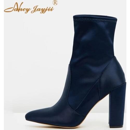 Stretch Fabric Women Adult Boots Ladies Shoes Ankle Slip-on Pointed Toe Super High Square heels Mature Concise Nancyjayjii 2019