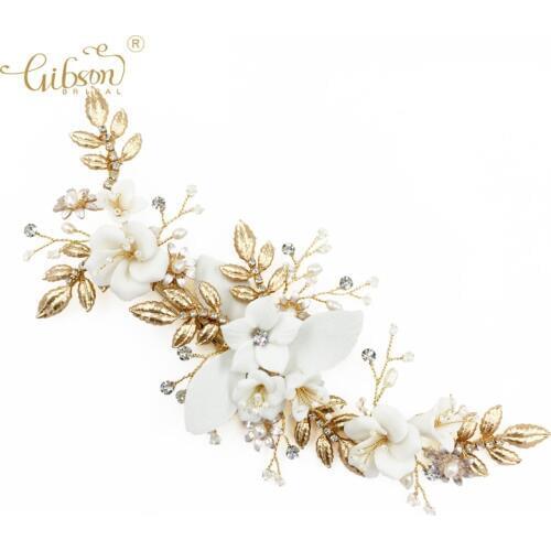 New Hair Accessories Bridal Headpiece Hair Clip Porcelain Flower Pearl Golden Wedding Jewelry Ceremony Headpiece